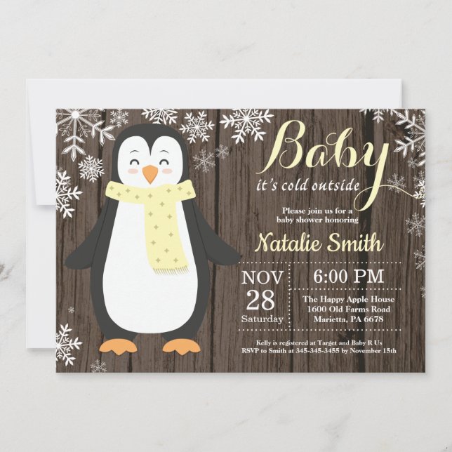 Baby its Cold Outside Rustic Penguin Baby Shower Invitation (Front)