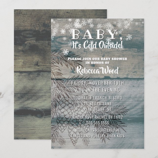Baby Its Cold Outside Rustic Wood Winter Shower Invitation (Front/Back)
