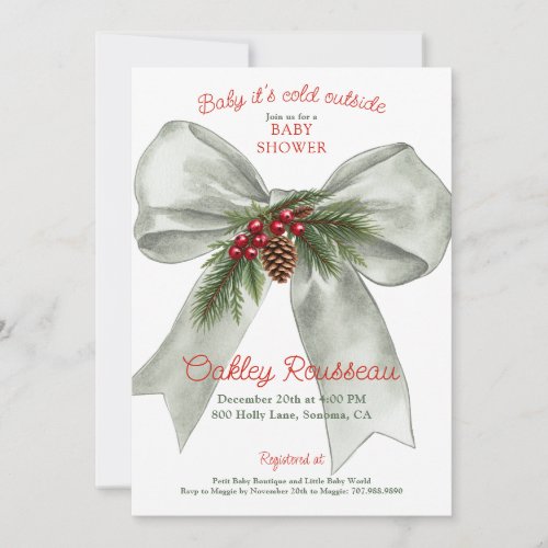 Baby It's Cold Outside Sage Bow Baby Shower Invitation