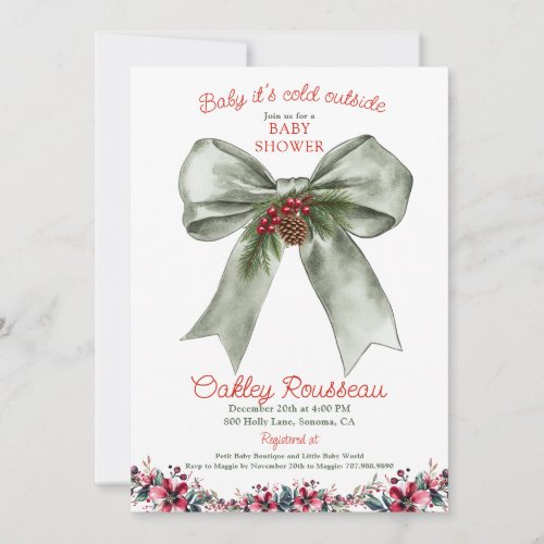 Baby It's Cold Outside Sage Bow Baby Shower Invitation