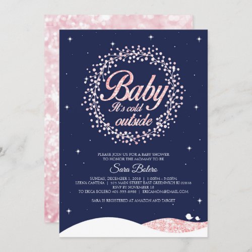 Baby Its Cold Outside Shower Navy Pink Sparkle Invitation