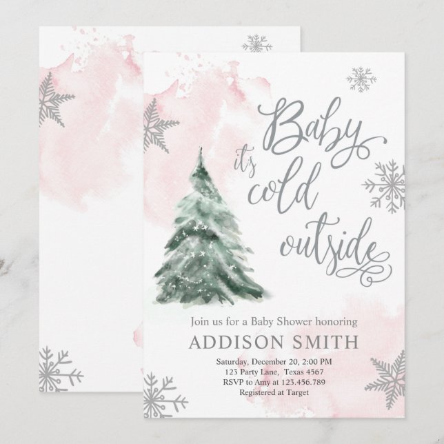 Baby It's Cold Outside Shower Winter Tree Girl Invitation (Front/Back)