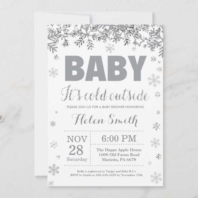 Baby its Cold Outside Silver and Gray Baby Shower Invitation (Front)