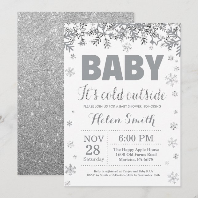 Baby its Cold Outside Silver and Gray Baby Shower Invitation (Front/Back)