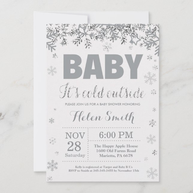 Baby its Cold Outside Silver and Gray Baby Shower Invitation (Front)