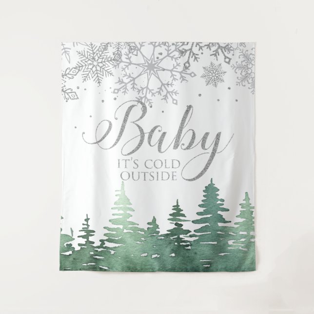 Baby It's Cold Outside Silver Snowflakes and Trees Tapestry (Front)