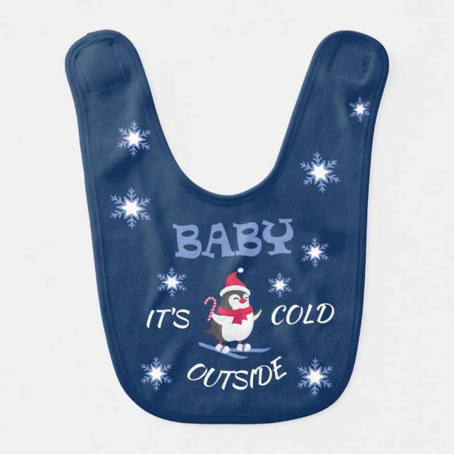 Baby It's Cold Outside Skiing Penguin Baby Bib (Front)