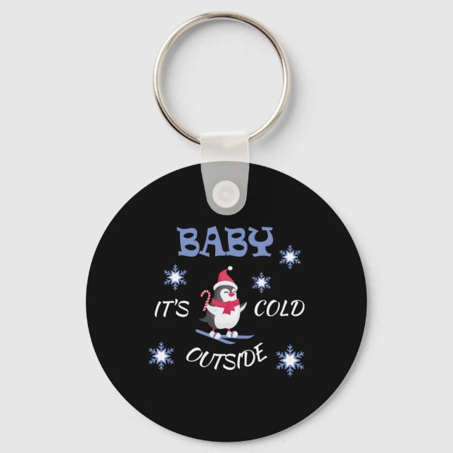 Baby Its Cold Outside Skiing Penguin T Shirt  Keychain (Front)