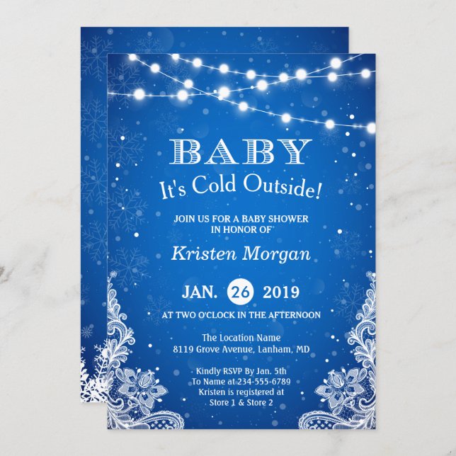 Baby Its Cold Outside Snow Blue Winter Baby Shower Invitation (Front/Back)