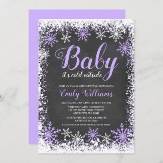 Baby Its Cold Outside Purple Girl Baby Shower Invitation with Snowflakes