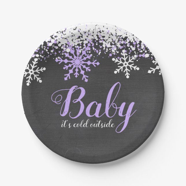 Baby Its Cold Outside Snow Purple Girl Baby Shower Paper Plates (Front)