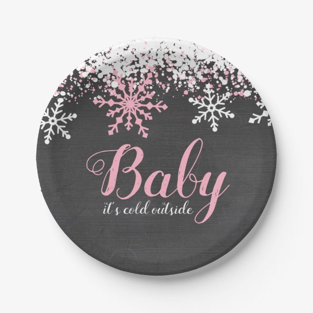 Baby Its Cold Outside Snow Winter Girl Baby Shower Paper Plates (Front)