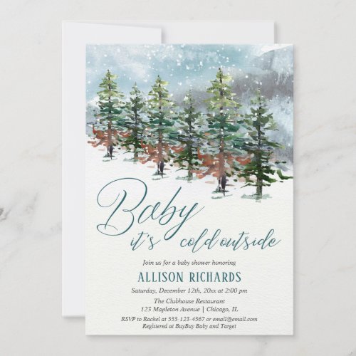 Baby its cold outside snowfall trees baby shower invitation