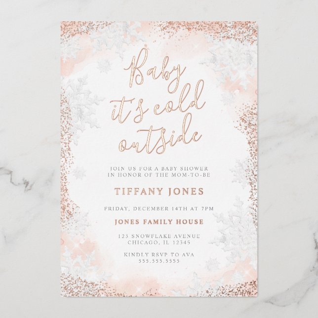 Baby it's cold outside Snowflake Pink Baby shower  Foil Invitation (Front)