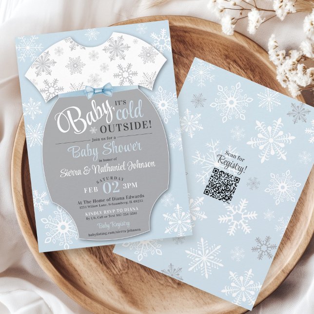 Baby Its Cold Outside Snowflake Winter Boy Shower Invitation (Baby shower invitations boy, Baby It's Cold Outside winter snowflake bodysuit blue & white QR code)