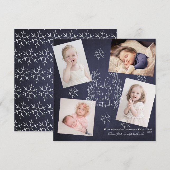 Baby It's Cold Outside Snowflakes 4 Photos Navy Invitation (Front/Back)