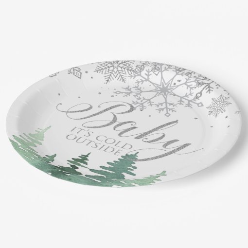 Baby It's Cold Outside snowflakes and trees Paper Plates | Zazzle