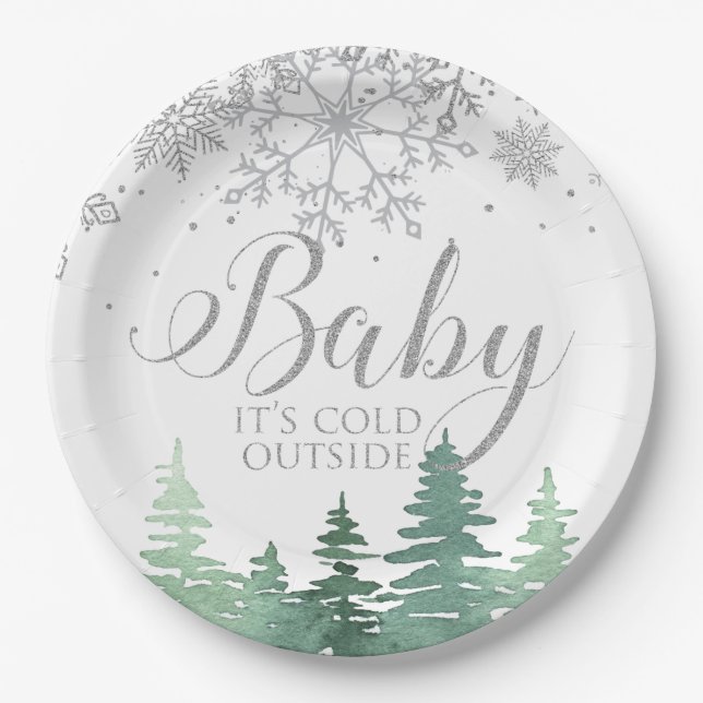 Baby It's Cold Outside snowflakes and trees Paper Plates (Front)