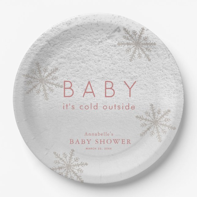 Baby It's Cold Outside Snowflakes Pink Baby Shower Paper Plates (Front)