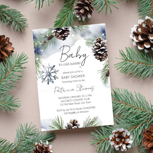 Baby its cold outside snowy pines baby shower invitation