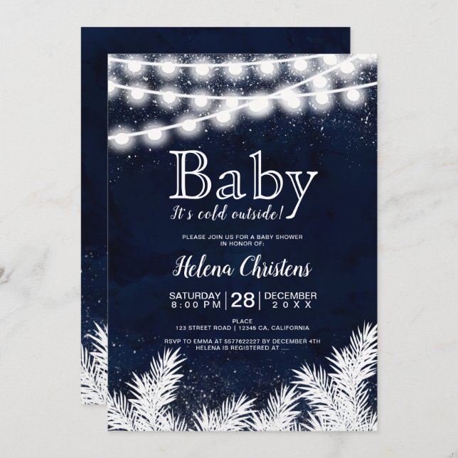 Baby it's cold outside string light pine blue invitation (Front/Back)