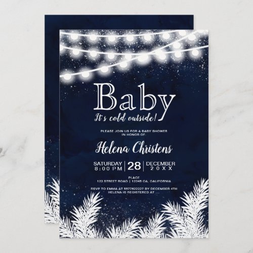 Baby its cold outside string light pine blue invitation