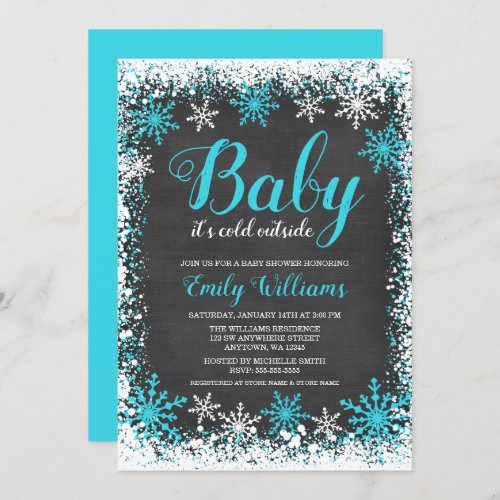 Baby Its Cold Outside Teal Snow Winter Baby Shower Invitation