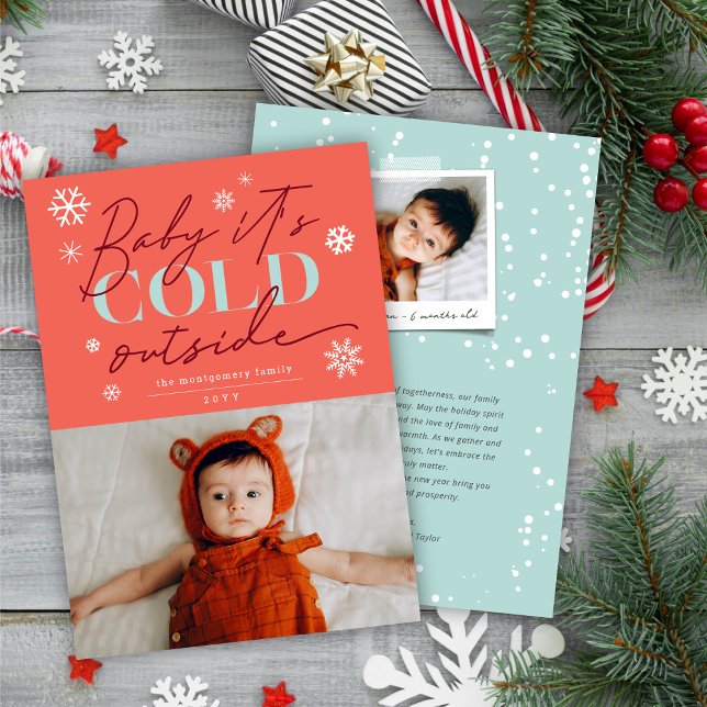 Baby It's Cold Outside Typography Snowflakes Photo Holiday Card (Creator Uploaded)
