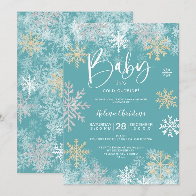 Baby it's cold outside white gold silver snow blue invitation (Front/Back)