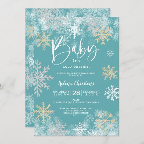 Baby its cold outside white gold silver snow blue invitation