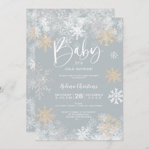 Baby its cold outside white gold silver snow gray invitation