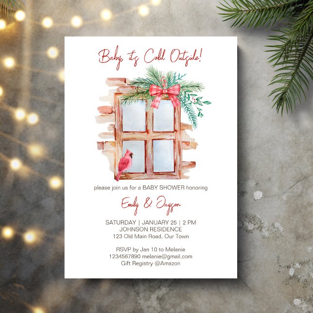 Baby it's cold outside winter baby pastel invitation (Baby it's cold outside winter baby pastel invitation cards template frosty window red bow pines bird)