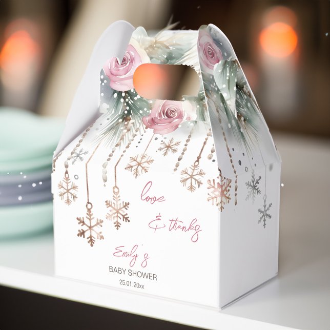 Baby it's cold outside winter baby shower favor boxes (Baby it's cold outside winter girls baby shower favor box pink blush roses pines crystals snowflakes)
