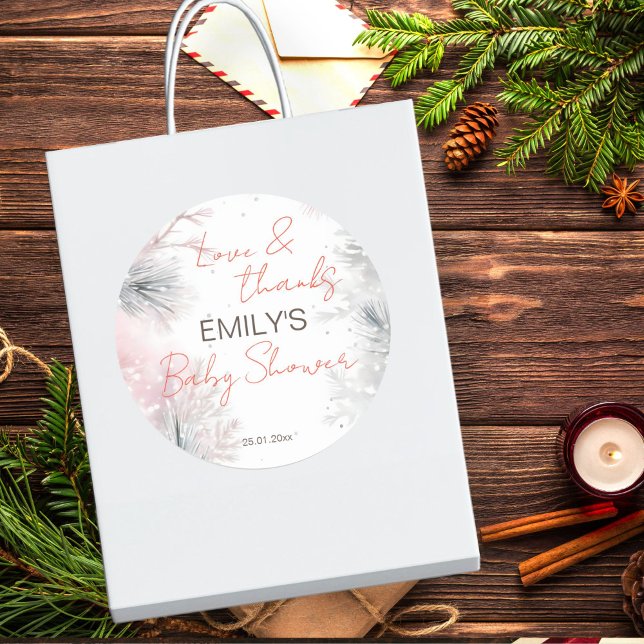 Baby it's cold outside winter baby shower favor classic round sticker (Winter baby shower pastel pink grey snowy pines thank you favor stickers template watercolor pines)