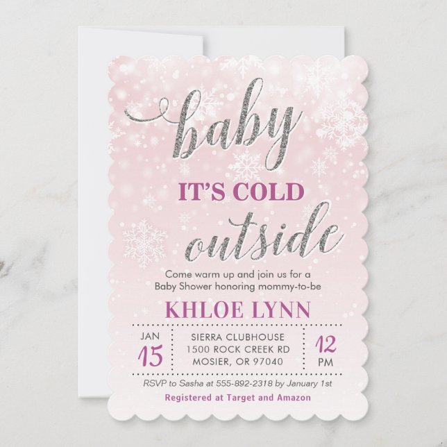 Baby Its Cold Outside Winter Baby Shower Pink Girl Invitation (Front)
