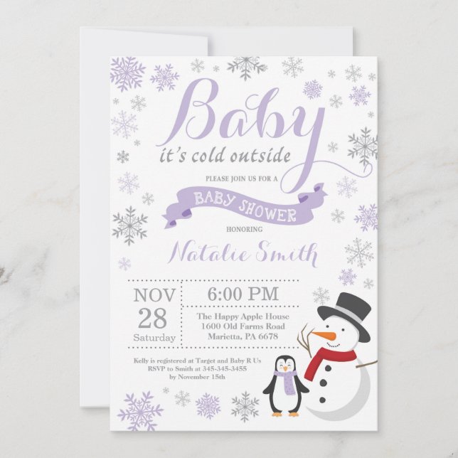 Baby Its Cold Outside Winter Baby Shower Purple Invitation (Front)