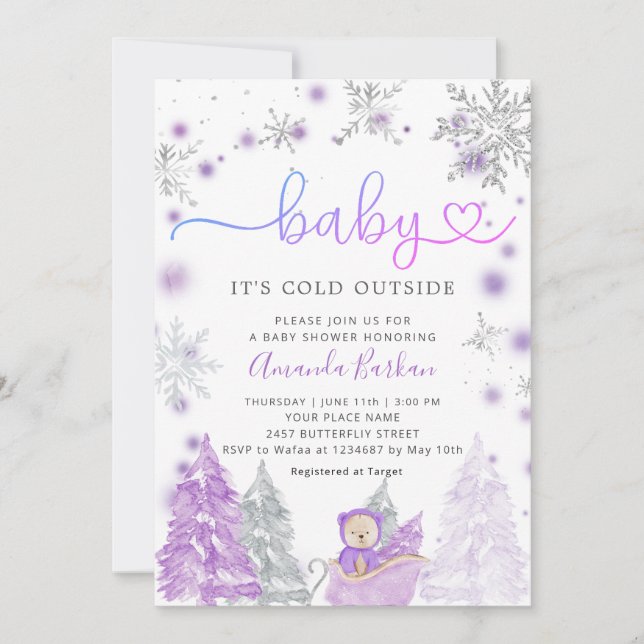 Baby Its Cold Outside Winter Baby Shower Purple Invitation (Front)
