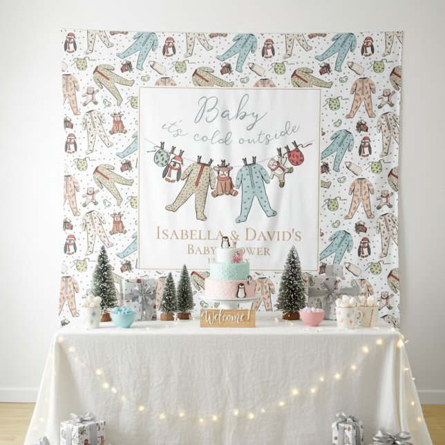 Baby Its Cold Outside Winter Baby Shower Tapestry (White Baby It's Cold Outside Winter Baby Shower Backdrop Cute Pajamas,Teddy Bears,Penguins, Reindeer)