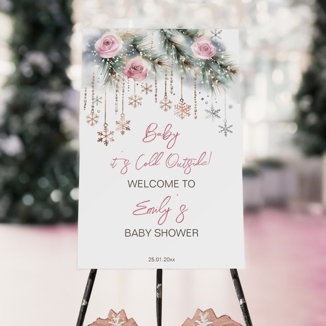 Baby it's cold outside winter baby shower welcome  foam board (Baby it's cold outside winter baby shower welcome sign board blush pink roses pines and snowflakes)