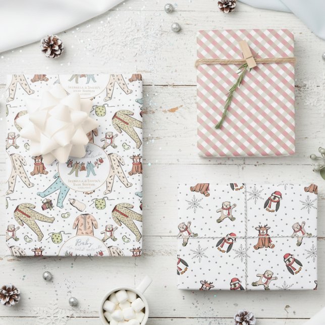 Baby Its Cold Outside Winter Baby Shower Wrapping Paper Sheets (Christmas Baby Pajamas and Penguin, Reindeer, Teddy Bear Pattern for Winter Baby Shower Gift Wrap)