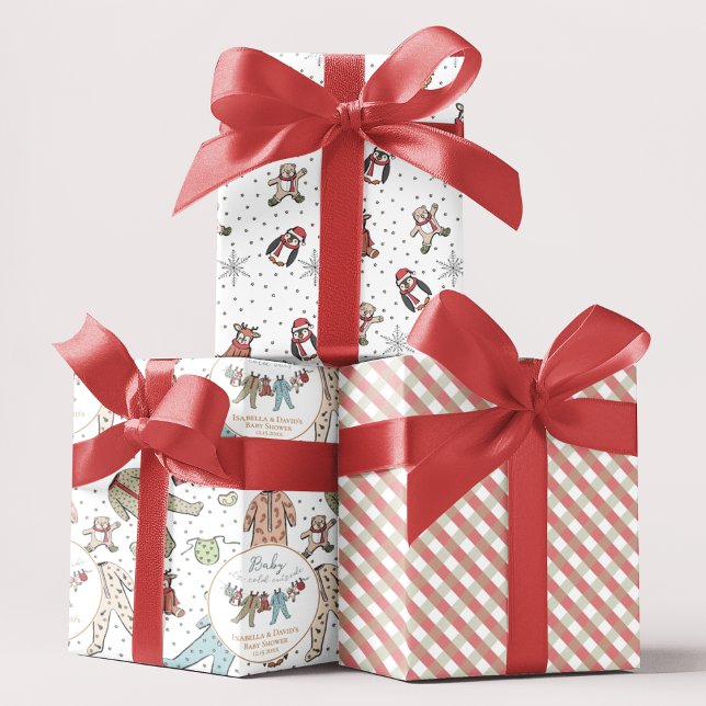 Baby Its Cold Outside Winter Baby Shower Wrapping Paper Sheets (Christmas Winter Baby Shower Gift Wrap. Baby Xmas Pajamas, Cute Animals, Snowflakes, Gingham Pattern)