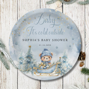 Baby It's Cold Outside Winter Bear │Blue Gold Paper Plates
