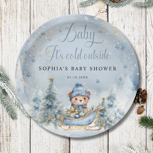 Baby It's Cold Outside Winter Bear │Blue Gold Paper Plates (Creator Uploaded)