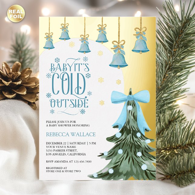 Baby It's Cold Outside Winter Blue Bow Baby Shower Foil Invitation (Creator Uploaded)