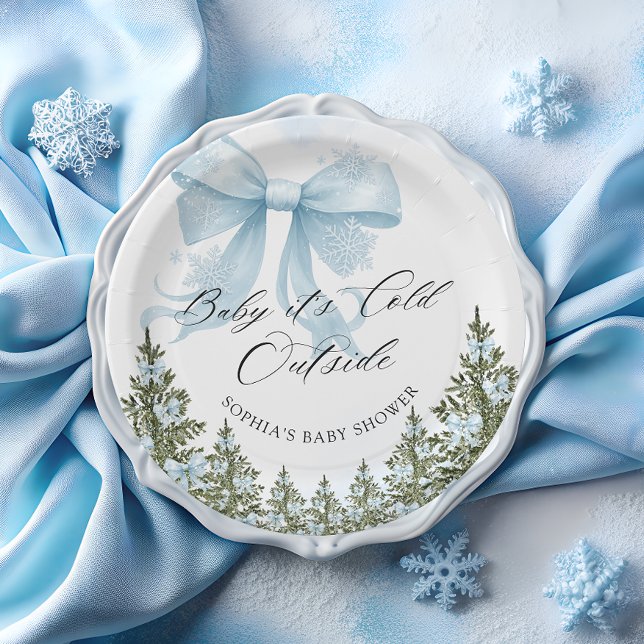 Baby Its Cold Outside Winter Blue Bow Baby Shower  Paper Plates (Creator Uploaded)