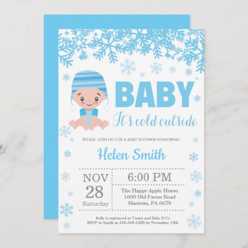 Baby its Cold Outside Winter Blue Boy Baby Shower Invitation