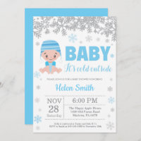 Baby its Cold Outside Winter Blue Boy Baby Shower Invitation