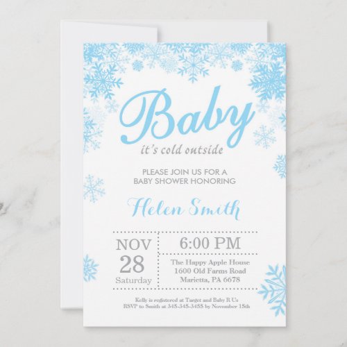 Baby its Cold Outside Winter Blue Boy Baby Shower Invitation