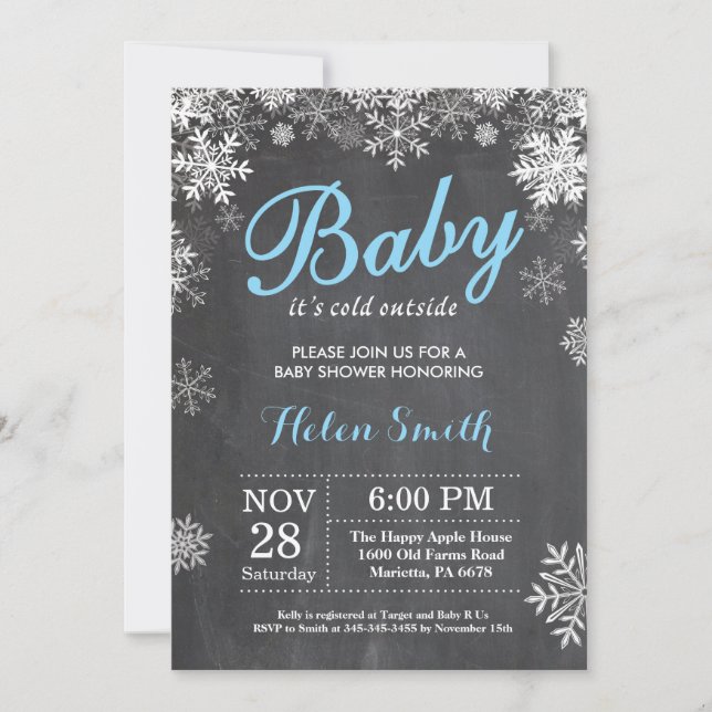 Baby its Cold Outside Winter Blue Boy Baby Shower Invitation (Front)