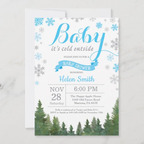 Baby its Cold Outside Winter Blue Boy Baby Shower Invitation